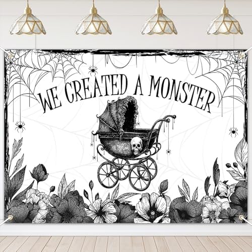 Mocsicka We Created A Monster Backdrop Banner Gothic Skull Spider Web Bat Halloween Monster Baby Shower Party Decorations Photo Booth Props (8x6ft) by Mocsicka