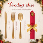 30 Set Christmas Red Pre Rolled Napkins with Rose, Gold Cutlery - Image 2