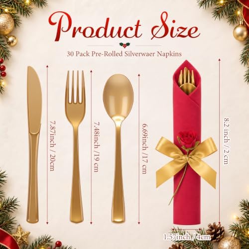 30 Set Christmas Red Pre Rolled Napkins with Rose, Gold Cutlery - Image 2