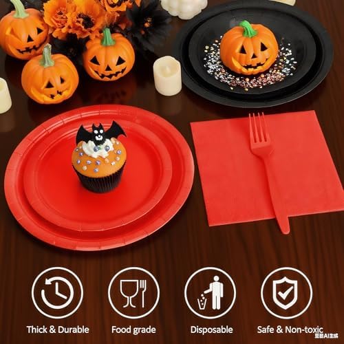 Red and Black Plates and Napkins Party Supplies, Include 9’’ Disposable Paper Plate, 7’’ Dessert Plates and Cups and Napkins Forks Set for Halloween, Christmas, Retirement, Birthday, Serves 50 - Image 3