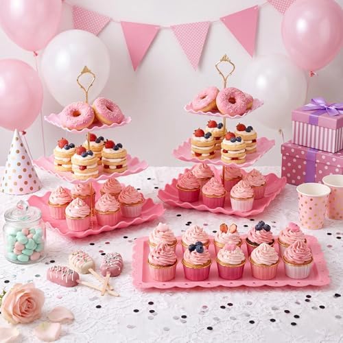 FoldTier 6 Pack Cupcake Stand Set 3 Pcs 3 Tier Gradient Dessert Table Display Stands Cookie Tray Rack 3 X14 in Rectangle Party Trays for Wedding Birthday Tea Party Baby Shower(Pink,Rectangle) - Image 5