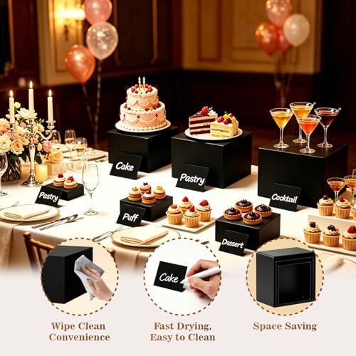6PCS Buffet Risers,Food Display Stands with Mini Sign and Marker,for Buffet Table,Black Acrylic Cube Boxes Nesting Risers,Hollow Bottoms,for Cake Catering Dessert Party(8",7",6",5",4",3") - Image 5