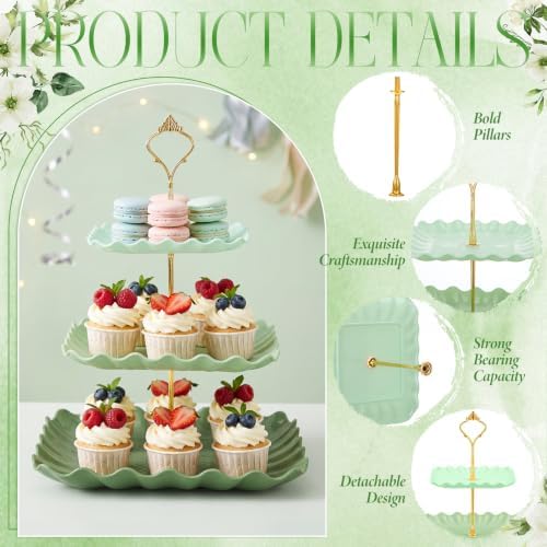 FoldTier 6 Pack Cupcake Stand Set 3 Pcs 3 Tier Gradient Dessert Table Display Stands Cookie Tray Rack 3 X14 in Rectangle Party Trays for Wedding Birthday Tea Party Baby Shower(Green,Rectangle) - Image 3