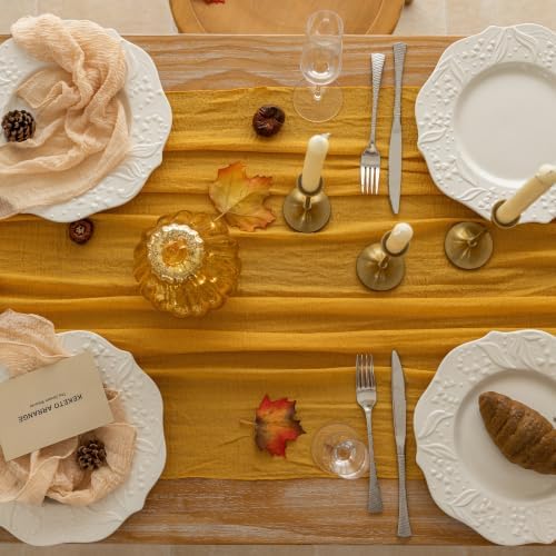 6Pcs Fall Golden Cheesecloth Table Runner 120 Inch Party Home Decor - Image 4
