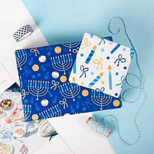 WRAPAHOLIC Hanukkah Wrapping Paper Set - Menorahs, the Star of David, Candles Design Chanukah Wrapping Paper Bundle with Gift Bow & Ribbon & Tag & Sticker - Image 5