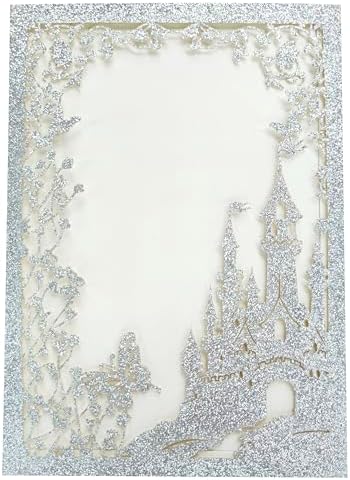 20PCS Castle Pocket Invitations, Quinceanera Invitations with Envelopes, Princess Invitation, Laser Cut quince invites (glitter silver) by JOACHUUY