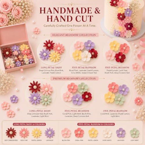CONFECT Handmade Edible Gum Paste Flower Decorations – Celebration Blossom – 60 Piece Assorted Sugar Flower Set with Pearl Centers, Hand Cut Cake Flowers for Cakes, Cupcakes, Cookies & Desserts - Image 4