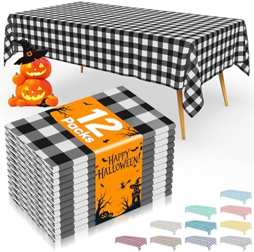 Smiry 12 Packs Gingham Disposable Table Cloth, 54 x 108 Inch Waterproof Plastic Tablecloth, Rectangle Black and White Checkered Table Covers for Picnic, Birthday, Party by Smiry