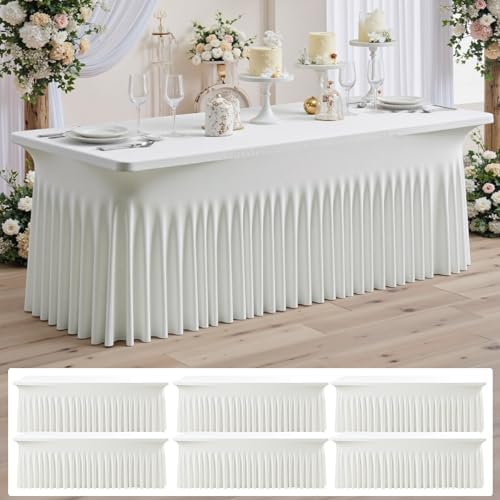 6 pk Ivory Spandex Tablecloth for 8 Foot Rectangle Tables,Wrinkle Free High Stretchy Cream Fitted Tablecloths with Ruffle Skirt, Elastic Spandex Table Covers 8 ft for Parties Weddings Banquet by ENJOYYOURPARTY