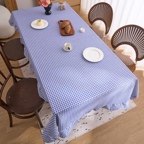 vctops Farmhouse Blue Gingham Ruffle Table Cloth, Boho Cotton Linen Tablecloth, Washable Table Cover for Square Table Baby Shower Kitchen Party Wedding Decor (Blue,70"x70") - Image 4