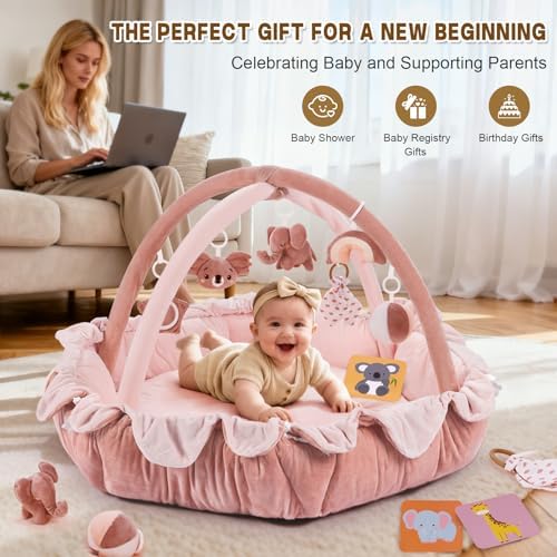 5-in-1 Baby Activity Gym & Play Mat with 6 Hanging Toys, Tummy Time Mat & Cards - Extra Large, Reversible Machine Washable Pad - Gift for Newborns, Infants 0-12 Months, Pink - Image 7