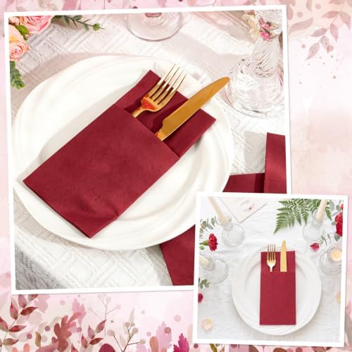 120 Pcs Burgundy Linen-Feel Paper Napkins with Built-in Flatware Pocket, Pocket Linen Napkins Prefolded Cloth Like Paper Napkins Bulk for Silverware Wedding Baby Shower Birthday Bridal Party - Image 3