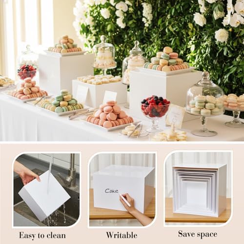 Leinuosen 7 Pcs Extra Large Buffet Risers Set 8" to 14" Acrylic Display Box Square Catering Dessert Table Riser Food Display Decorative Stand with Hollow Bottom for Catering Supplies(White) - Image 3