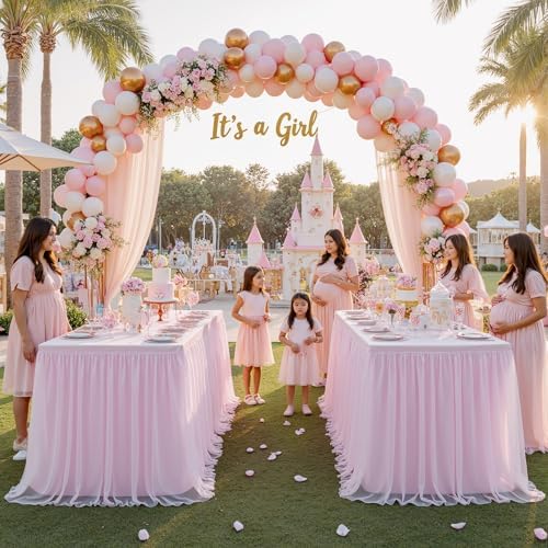 familus 8ft Pink Spandex Fitted Tablecloth with Tulle Table Skirt - 2-in-1 Structured Tutu Table Cover for Weddings, Trade Shows, Banquets & Sweetheart Tables - Image 2