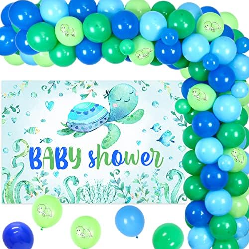 Turtle Baby Shower Decorations for Boy Sea Turtle Baby Shower Decors Balloon Garland Kit Blue Green with Turtle Baby Shower Backdrop for Ocean Summer Sea Theme Baby Shower Boy Decoration Supplies by Balterever