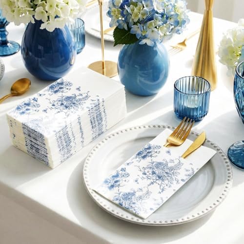 Potchen 100 Pcs Linen Feel Napkins Disposable, Something Blue Floral - Image 4