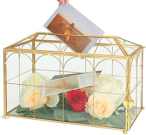 Glass Wedding Card Box with Lock, 12.6x5.9x9 inches Large Gold Card Boxes by Ripprovt