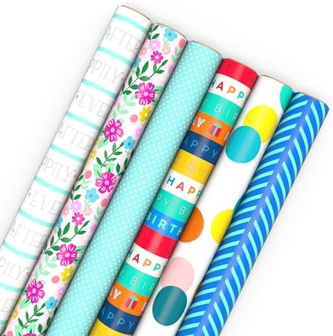 Hallmark Wrapping Paper Rolls for Graduation, Birthday, Wedding, Baby Shower - Flowers, Polka Dots, Happily Ever After Gift Wrap (Set of 6 Assorted Rolls: 180 sq. ft. ttl.) by Hallmark