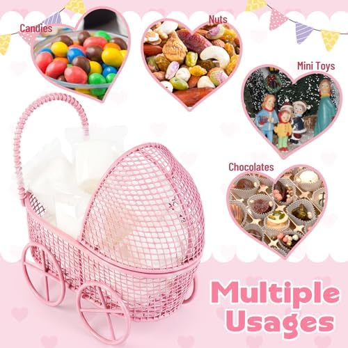 Threehoney 24 Pcs Baby Shower Mini Carriage Decoration Pink Metal Wired Fillable Candy Stroller Baby Shower Table Centerpiece for Guest Gender Reveal Wedding Party Favor Gift - Image 3