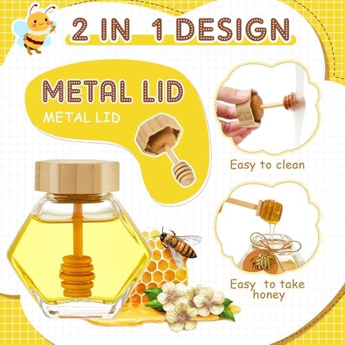 Pickmesh 12 Pcs Hexagonal Glass Honey Jars with Spoon, 3.38 oz Honey Dispenser with Wooden Spoon Bee Charm Thank You Card Organza Bag Mini glass Jars for Baby Shower Wedding Party Favor Decorations - Image 3