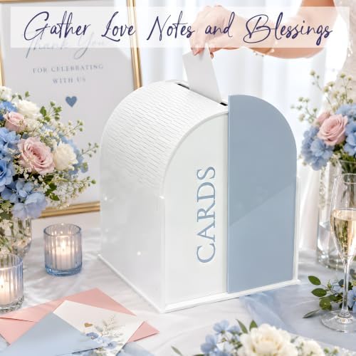 White Arched Wedding Card Box with Blue Standee & Erasable Pen for Party - Image 5