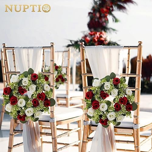 NUPTIO Candle Rings Wreaths Centerpieces: 13.4 Inch Crimson & White Flower Rose Wreath for Wedding Party Christmas Table Decorations - Spring Summer Front Door Porch Decor 2 Pcs - Image 3