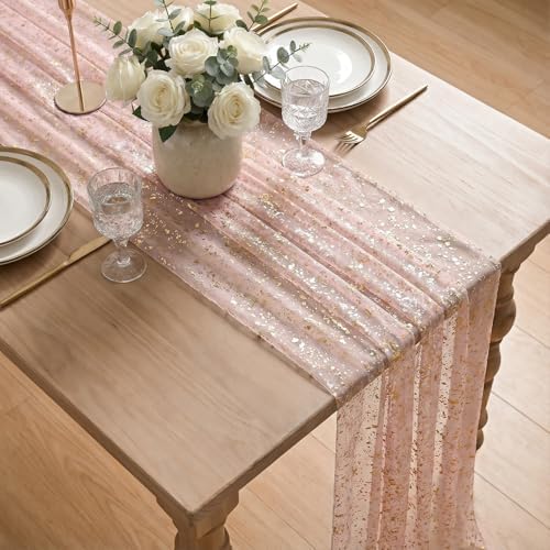 Artoid Mode 6PC Gold Gauze Pink Table Runner 120 Inch 10FT, Glitter Metallic Foil Sheer Dining Wedding Anniversary Holiday Birthday Table Decor for Home Party - Image 4