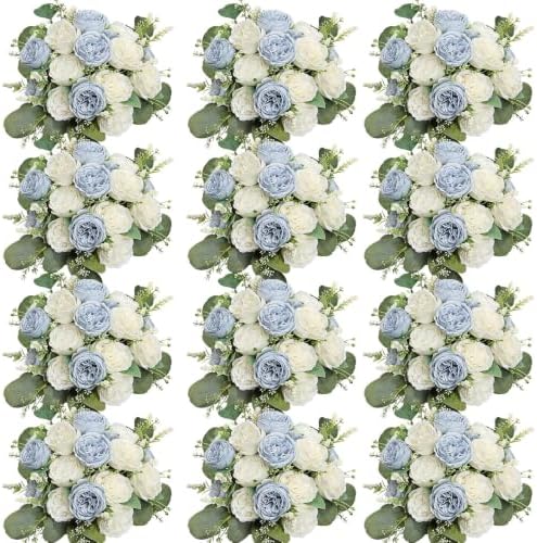 12 Bundles Dusty Blue White Artificial Peonies Silk Flowers Bulk by Nagobi
