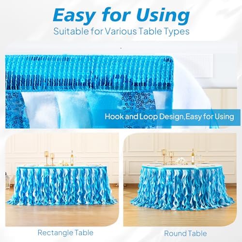 Wish Care 17ft Blue Sequin Table Skirt for Rectangle Tables Fringe Ocean Tutu Skirts Sea Baby Shark Ruffle Tablecloth Teacher Desk Skirt for School Classroom Birthday Baby Shower Party Table Decor - Image 5