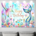 10X8Ft Mermaid Happy Birthday Backdrop Purple and Pink Princess Girls Birthday Party Decorations Starfish Shells Ocean Girls Baby Shower Banner Cake Smash Decor Photo Booth Props - Image 2