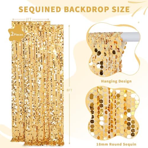 Big Payette Gold Sequin Backdrop Curtain 2 Panels 2ftx8ft Glitter Sparkly Party Background Drapes for Wedding Birthday Baby Shower Event Decoration - Image 2