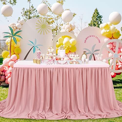 Dusty Rose Table Skirt 9FT Sheer Table Skirting 2 Layer Rectangle Tablecloth for Birthday Baby Shower Wedding - Image 2