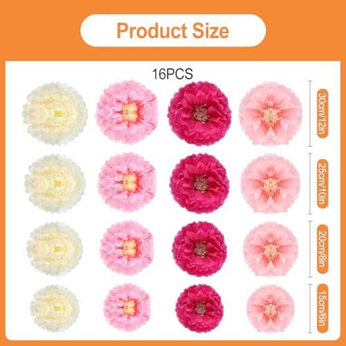 Pack of 12 Paper Flowers Pompoms Decoration, Paper Flowers Pink Decoration, Room Decoration Aesthetic for Tissue Paper Garden Party Decoration, Birthday Decoration Pastel Girls, Wedding, Baby Shower - Image 2