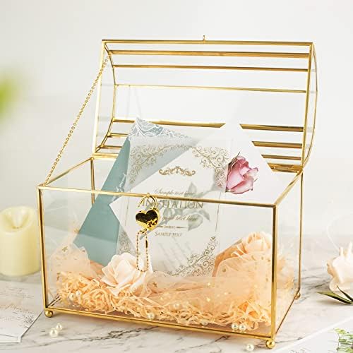 Gold Wedding Glass Card Box with Slot and Heart Lock, Large Clear Card Box for Wedding Reception, Bridal Shower, Handmade Brass Glass Display Box Weddings Centerpiece - Image 3