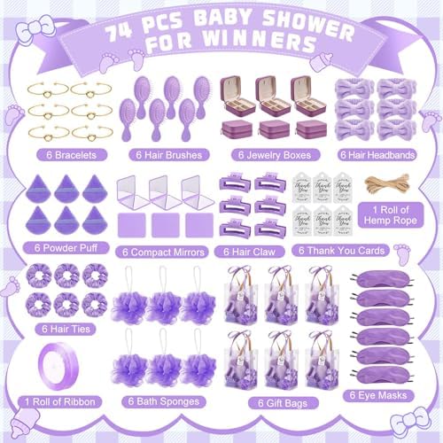 74Pcs Baby Shower Prizes for Game Winners Baby Shower Favors Gifts including Headband Hair Brush Jewelry Box with Gift Bag for Baby Shower Game Prizes Wedding Bridal Shower Favors (Purple) - Image 2