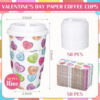 Whaline 50 Pcs Valentine's Day Disposable Coffee Cups with Lids and Sleeves Colorful Conversation Heart Paper Drinking Cups for Wedding Anniversary Party Supplies - Image 2