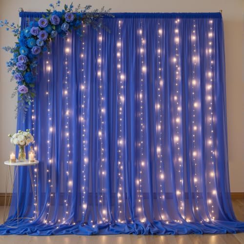 10ft x 10ft Royal Blue Chiffon Backdrop Curtain with Lights String for Parties,2 Panels Sheer Tulle Curtain Wedding Backdrop for Baby Shower Birthday Party Ceremony Reception Home Decorations by Partisky