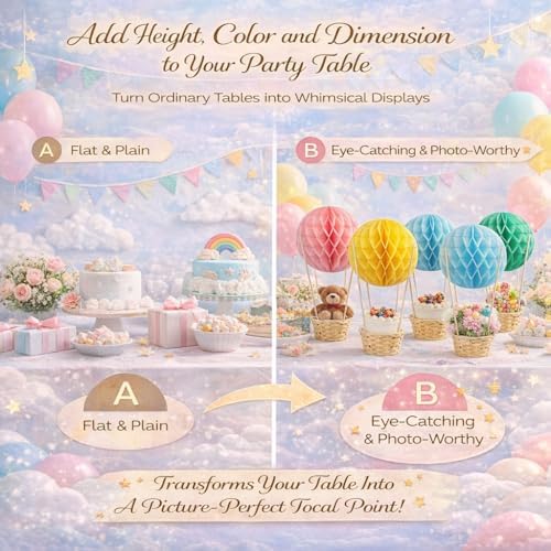 24 Pack Hot Air Balloon Table Centerpieces for Baby Shower, Rainbow Birthday, Bridal Shower, DIY Honeycomb Paper Lanterns with Woven Baskets for Dessert Table Decor - Image 4