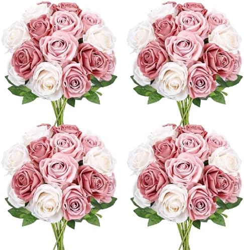 48 PCS Roses Artificial Flowers Champagne & Dusty & Dark Pink by DIYDOFUN