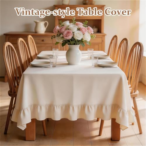 Retro Farmhouse Ruffle Tablecloth Flounces Trim Washable Table Cover Tablecloths for Rectangle Table Picnic Kitchen Dining Room Home Party Wedding Decor Off-White 60" x 120" - Image 4