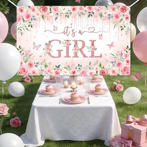 Avezano Girl Baby Shower Backdrop Banner Pink Flower Baby Shower Decorations Rose Gold It's a Girl Banner Floral Gender Reveal Photo Booth Props Background (8x6ft) - Image 3