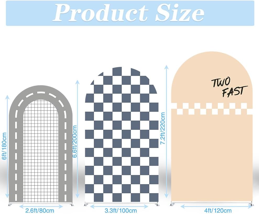 Set of 3 Racing Car Arch Backdrop Cover Track Checkered Spandex Stretchy Arch Cover for Boys Birthday Wedding Baby Shower Party Decoration (6ft,6.6ft,7.2ft,Two Fast) - Image 4