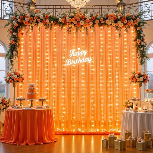 10ft x 10ft Orange Tulle Photo Backdrop Curtain with Lights String for Halloween Party Orange Sheer Curtain Backdrop Drapes for Birthday Party Wedding Photo Booth Background Home Room Decorations by Suppromo