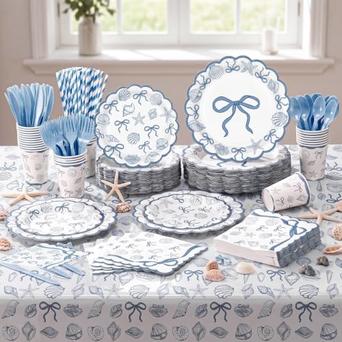 Ceenna 452 Pcs Blue Bow Seashell Plates Napkins Cups Party Supplies for 50 - Image 4