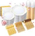 350Pcs White Gold Rim Heavy Duty Plastic Plates Dinnerware Set by WWONDERFUL