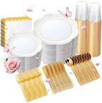 350Pcs White Gold Rim Heavy Duty Plastic Plates Dinnerware Set by WWONDERFUL