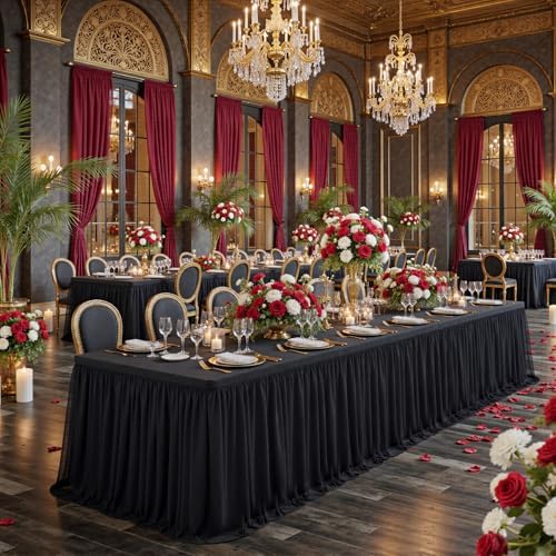 familus Black Table Cloths 8 Foot Rectangle 6 Pack Stretch Ruffle Tulle Tablecloth Spandex Fitted Table Cover for 8 Foot Tulle Table Skirts for Party Wedding Table Cloths, Banquets - Image 5