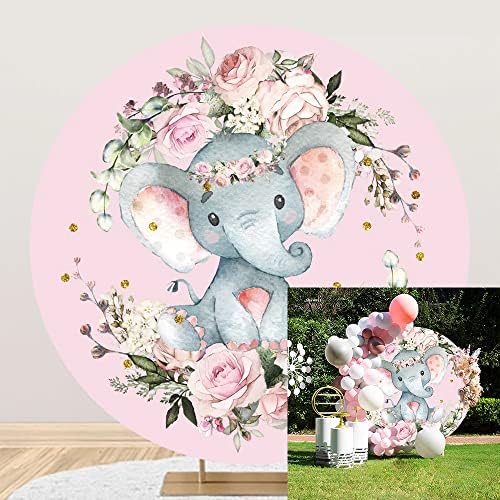 6.5x6.5ft Elephant Baby Shower Round Backdrop Watercolor Pink Floral Photography Background Circle Backdrop Cover Girls Birthday Newborn Gender Reveal Party Decoration Banner Photo Booth Props by OERJU