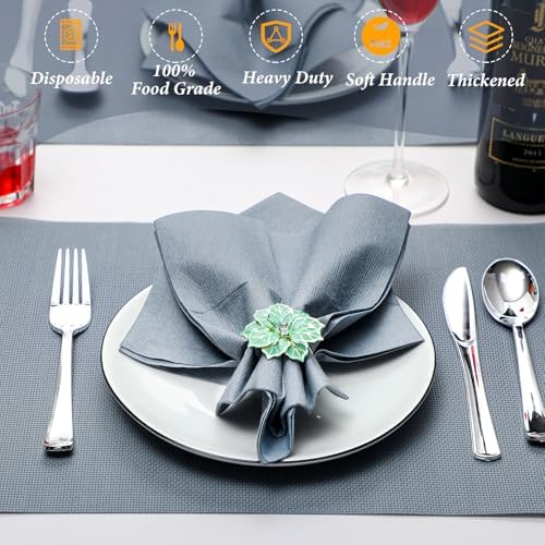 Gueevin 200 PCS Linen Feel Napkins with Plastic Dinnerware Napkin and Plastic Cutlery Set Disposable Dinnerware(Dusty Blue) - Image 4