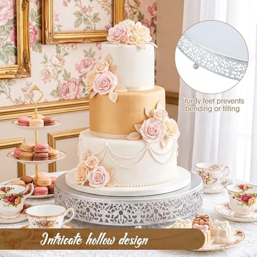 Wenqik 14 Inch Silver Cake Stand Metal Round with Cutter Spatula,Classic - Image 3